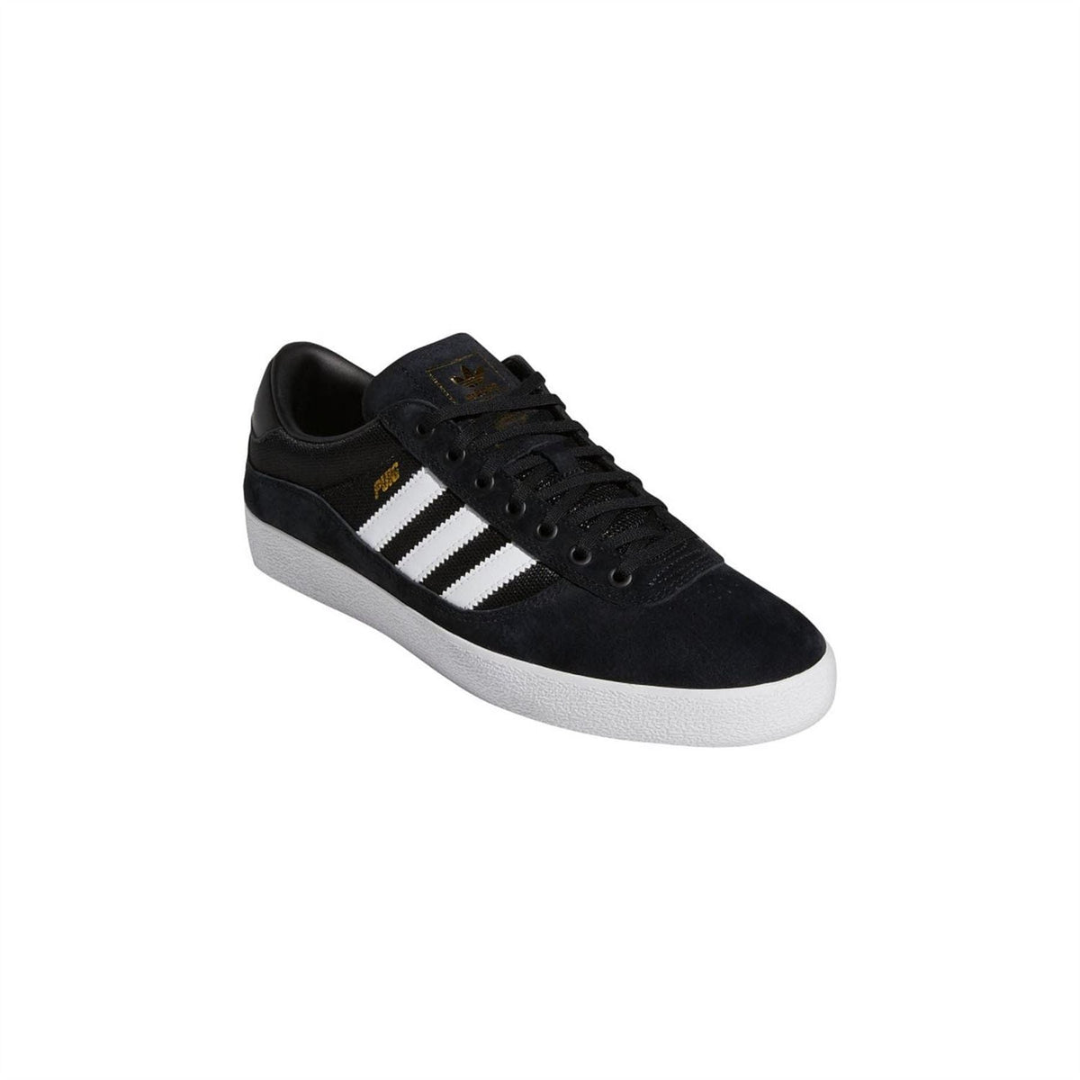 Black adidas Originals indoor trainer sneaker, angled side view with three white stripes