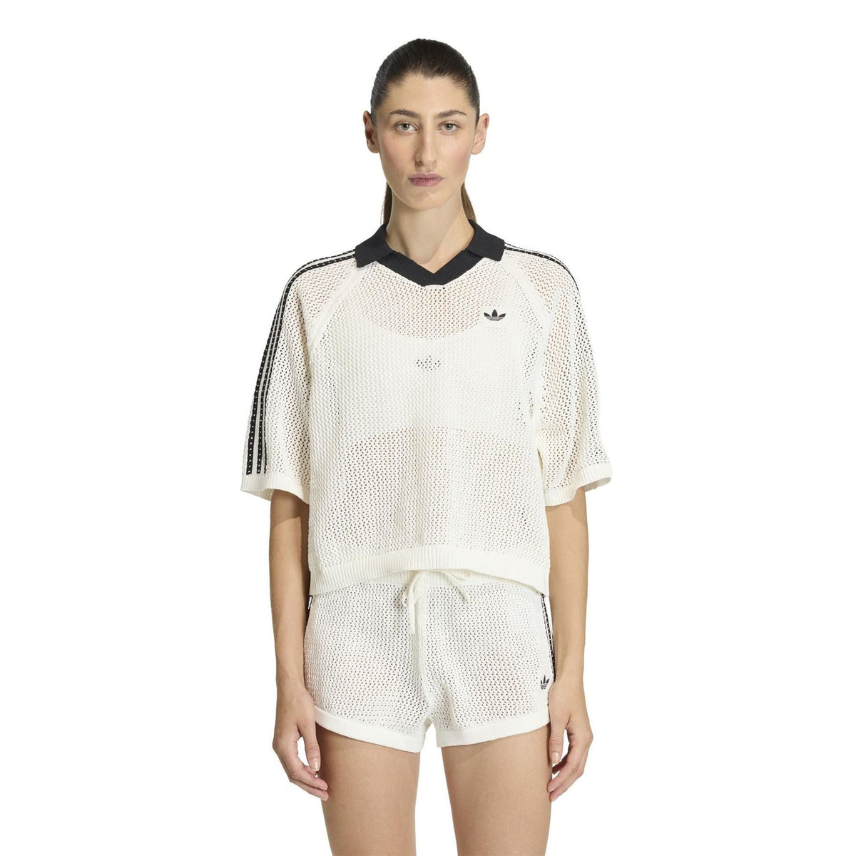 Off-white adidas polo shirt with black collar and sleeve stripe detail, short sleeves