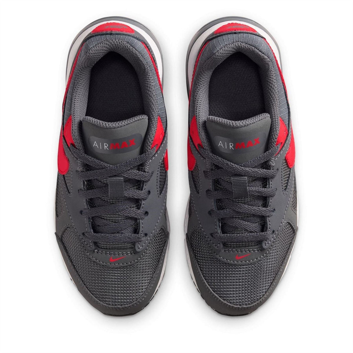 Nike Air Max Ivo trainers, top view: dark grey knit with red swoosh and laces