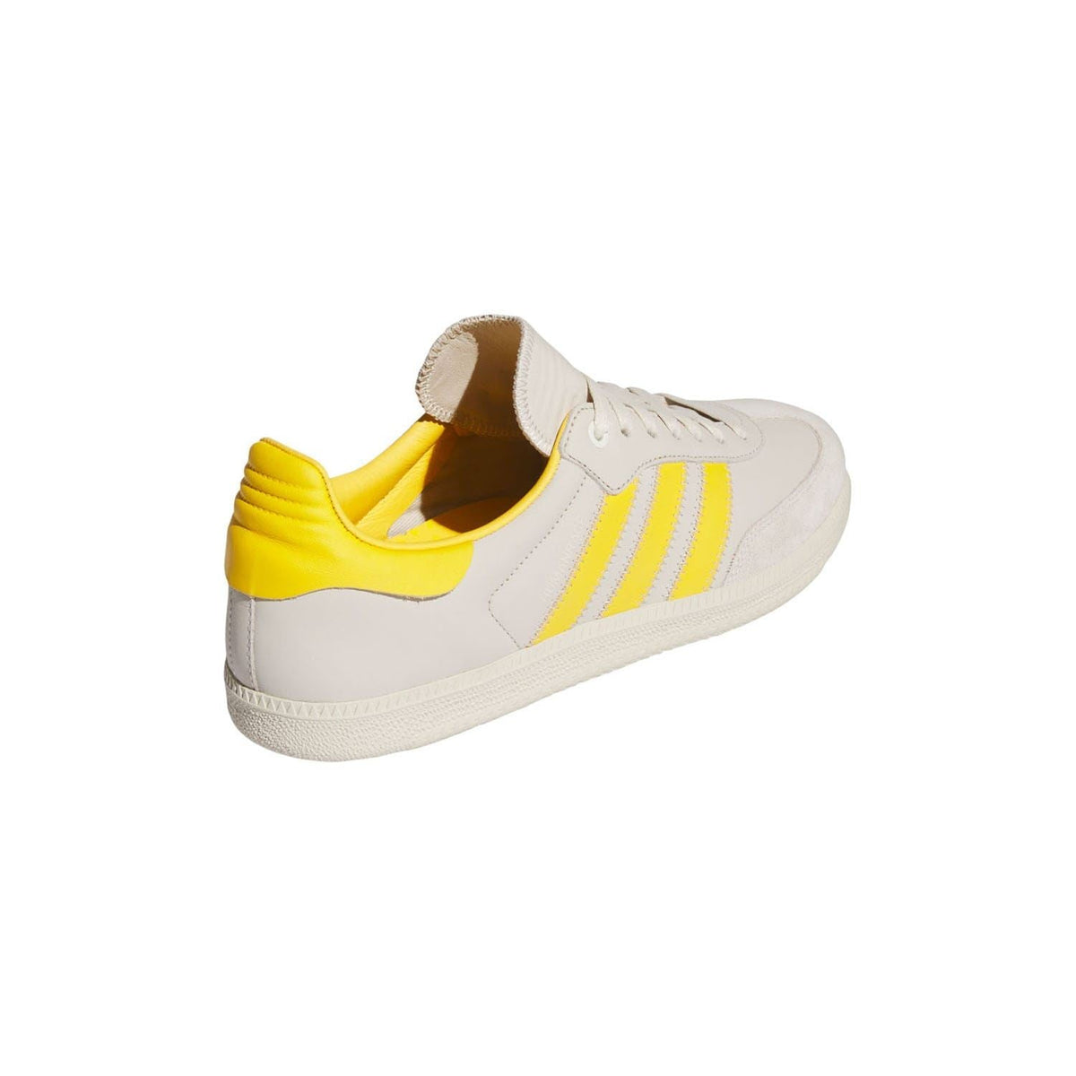 adidas Samba trainers with yellow heel collar, white suede upper, and yellow 3-Stripes