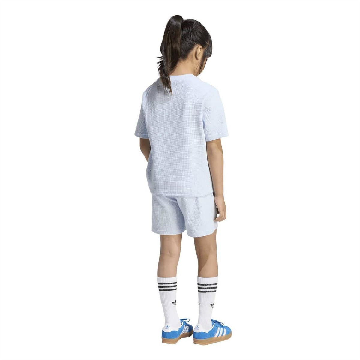 Kids light blue loose T-shirt and shorts set from the back, showing small logo.