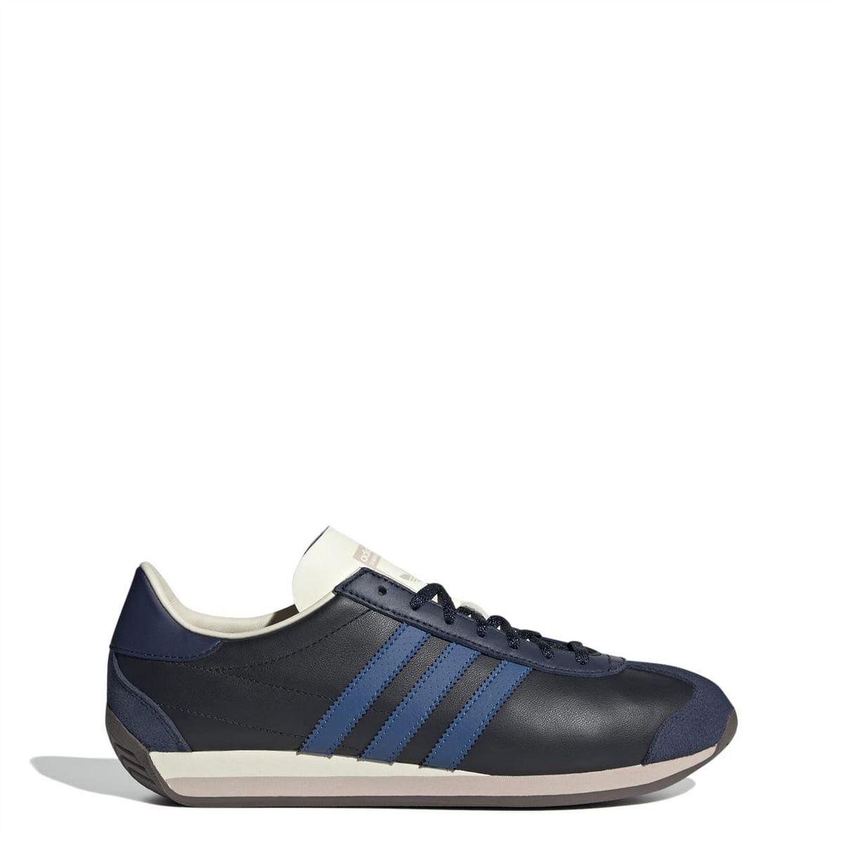 Low-top sneakers, dark navy upper with blue stripes and cream heel tab