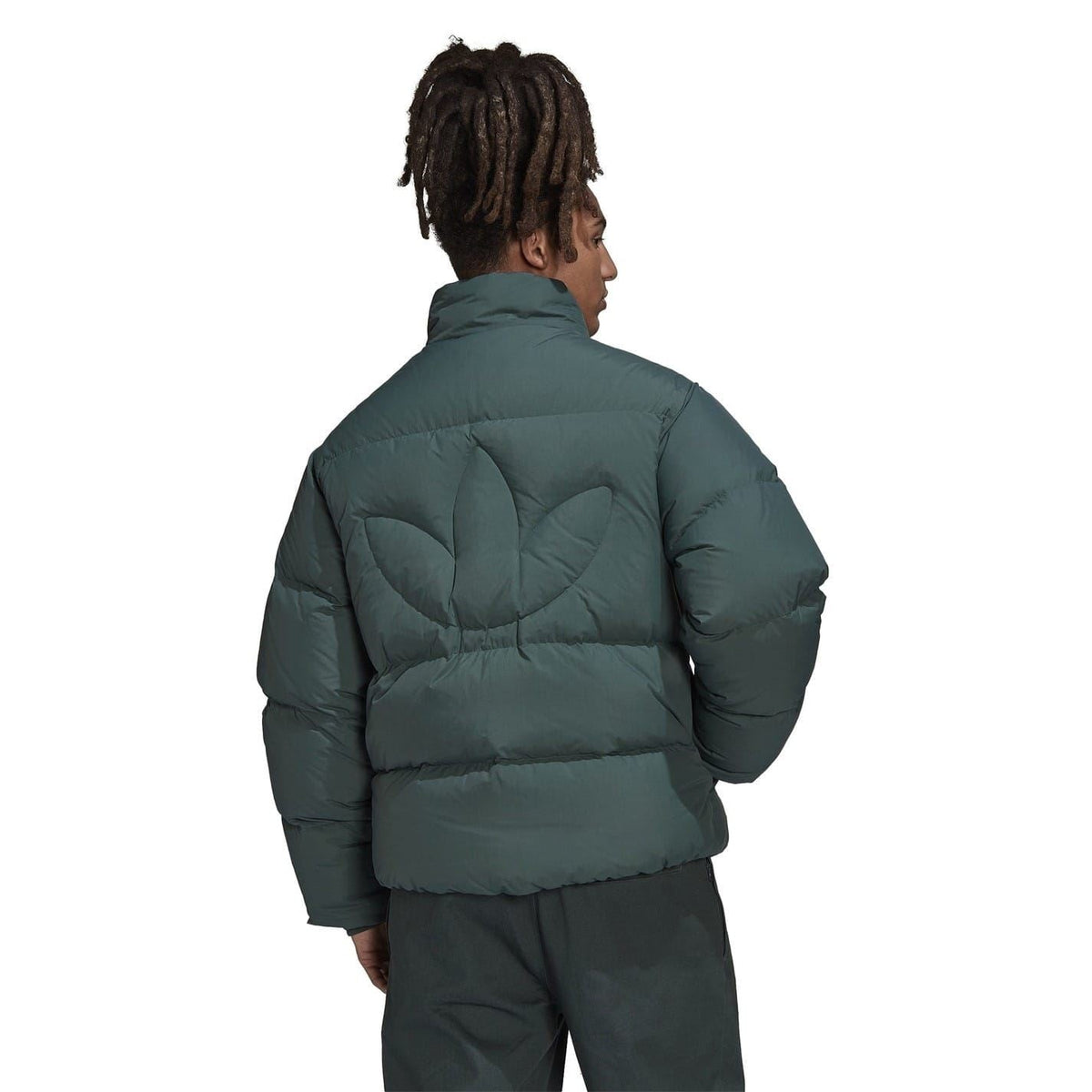 adidas Originals relaxed fit down jacket with collared neck, lightweight coat with quilted design and front zipper closure