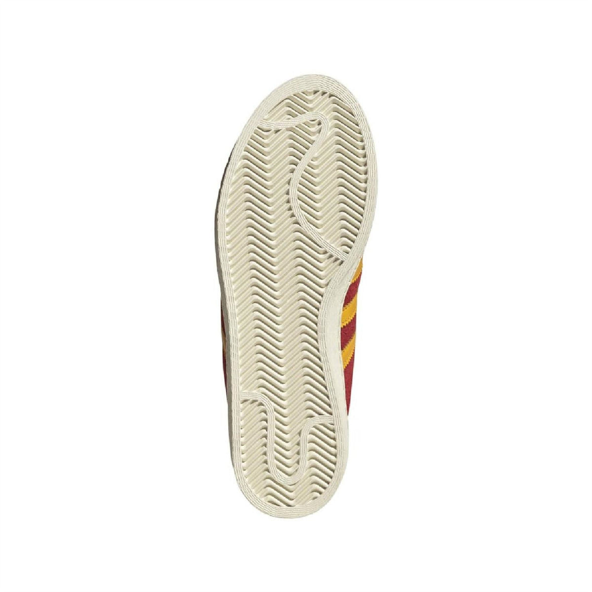 Outsole view of burgundy high-top sneaker with textured rubber tread and yellow side stripes