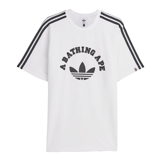 White adidas Originals graphic T-shirt with A BATHING APE logo and black shoulder stripes