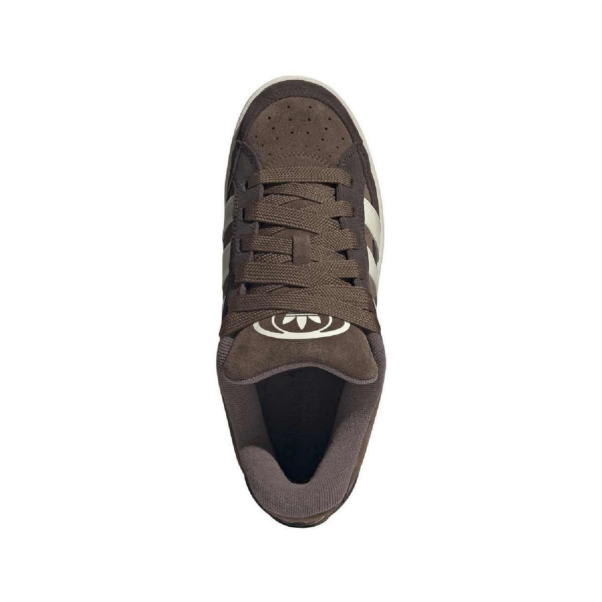 Adidas Originals Campus 00s sneakers toe view, dark brown suede with lace-up and perforations