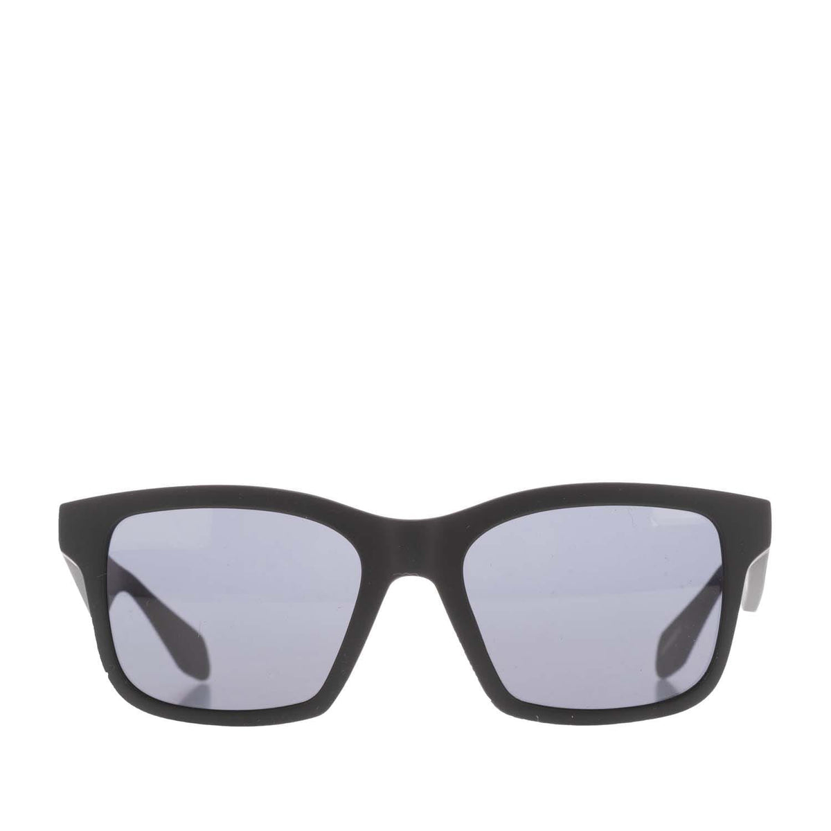Black rectangular sunglasses with purple tinted lenses and curved bridge