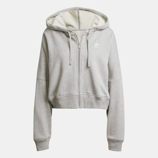 Grey adidas Originals essentials full-zip hoodie with hood, drawstrings, and front zipper