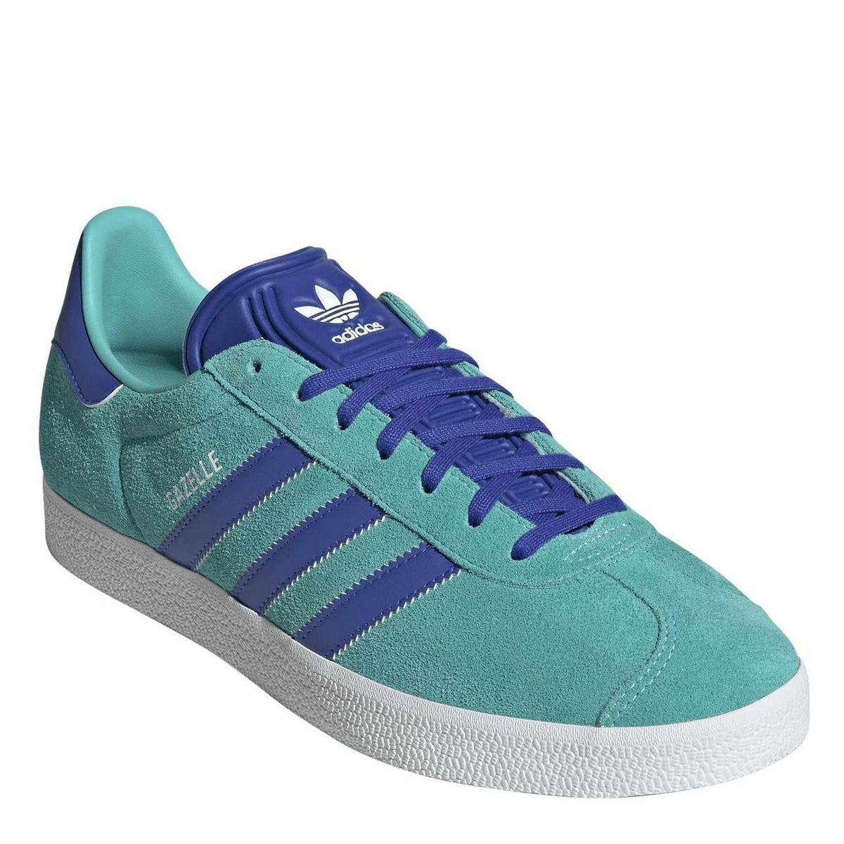 adidas Gazelle suede trainers, front three-quarter: teal suede with purple laces and stripes