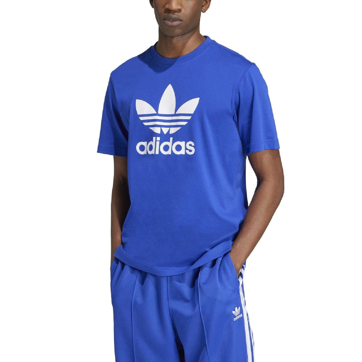 Blue crew-neck t-shirt with white adidas trefoil logo on chest