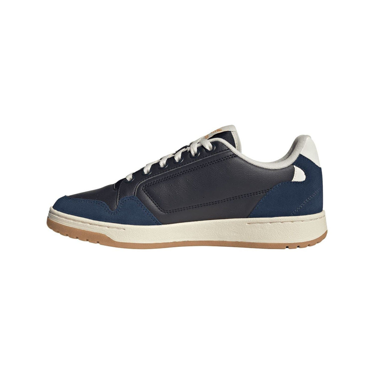 Low-top navy sneakers with white sole, lace-up front, and contrast side panels