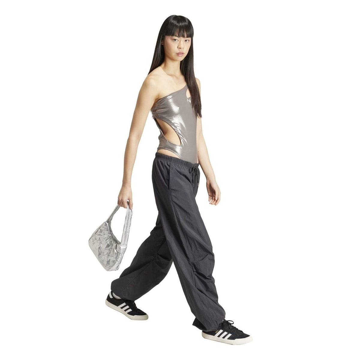 Charcoal metallic slim-fit one-shoulder swimsuit with high-cut leg