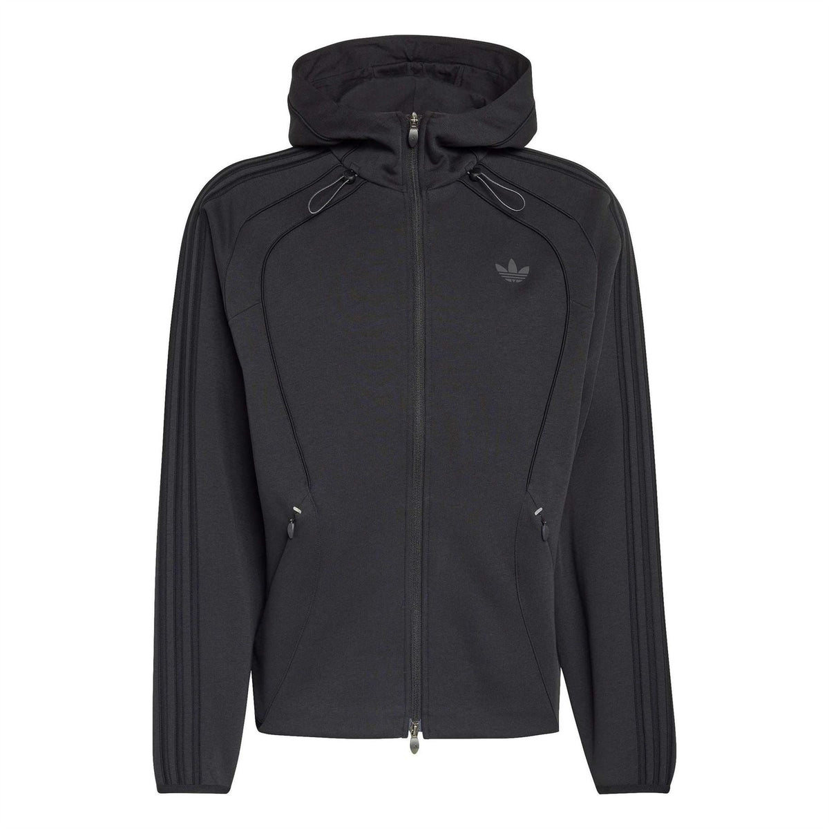 Black zip-up hoodie with hood, front zipper, and adidas logo with side stripe sleeves