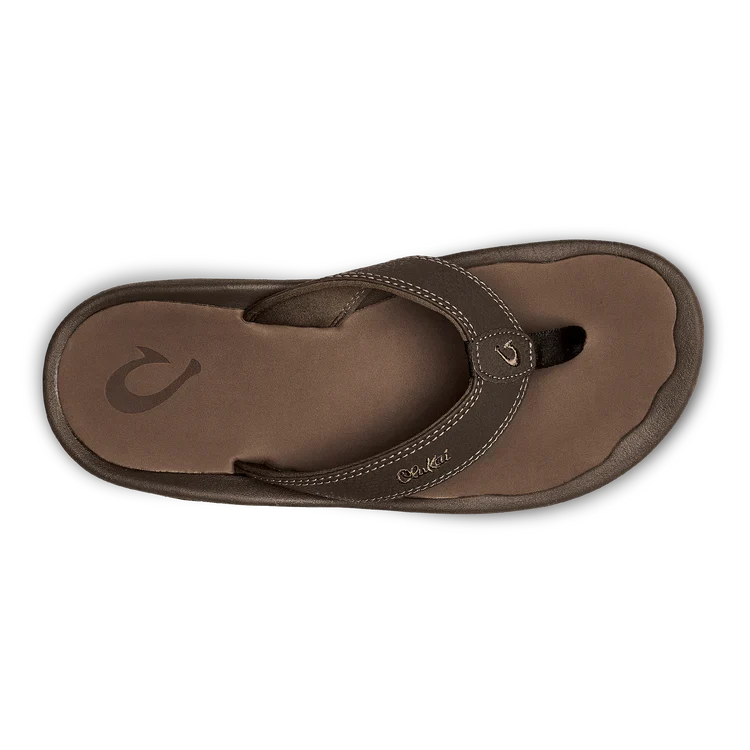 Men’s tan flip-flop sandals with dark brown strap, stitched seams, and logo emblem