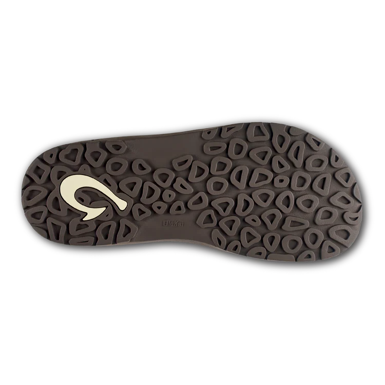 Flip-flop outsole view with textured tread and logo detail