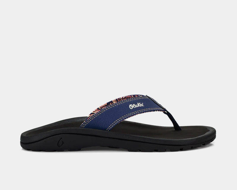 Blue flip-flop sandals with black rubber sole and curved thong strap