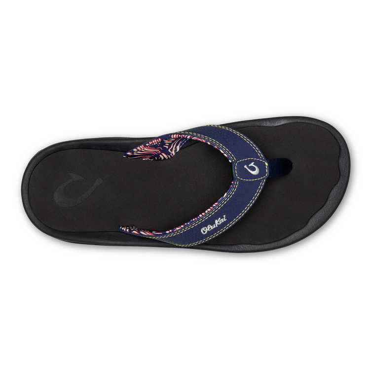 Flip-flop sandals with navy toe thong and multicolor patterned strap