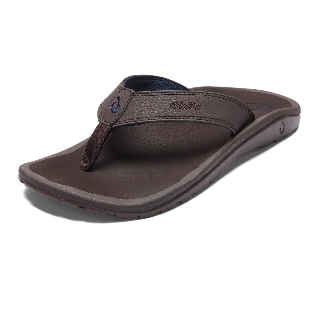 Brown flip-flops with dark strap and blue logo on top