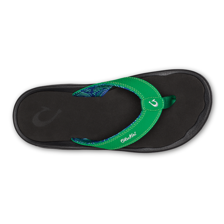 Flip-flop sandals with green toe thong and patterned strap detail