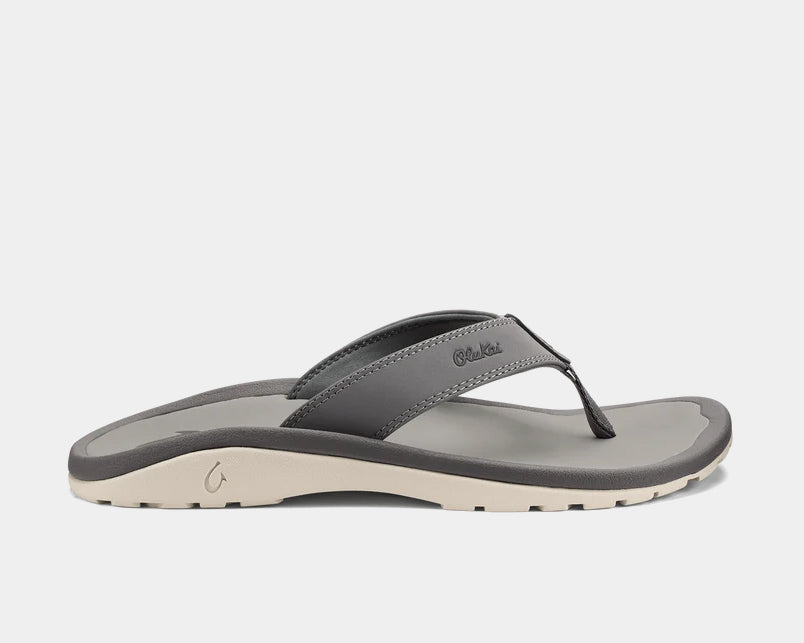 Flip-flop sandals with gray straps, beige midsole, and black thong backing