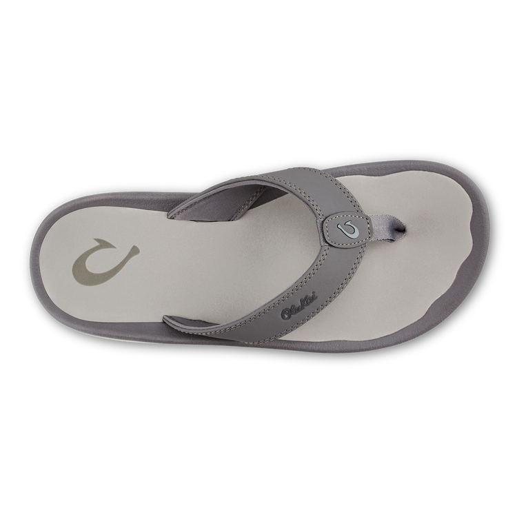 Gray thong sandals with adjustable strap and logo on footbed