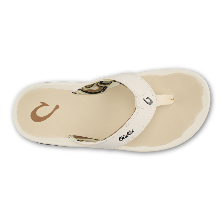 Tan thong sandals with patterned strap and loop closure