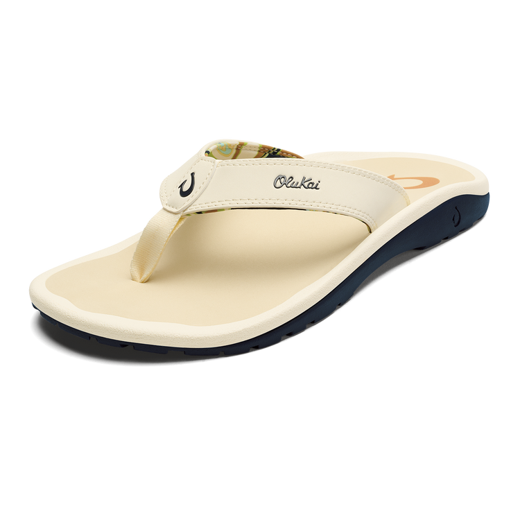 Tan thong sandals with patterned upper and cushioned footbed