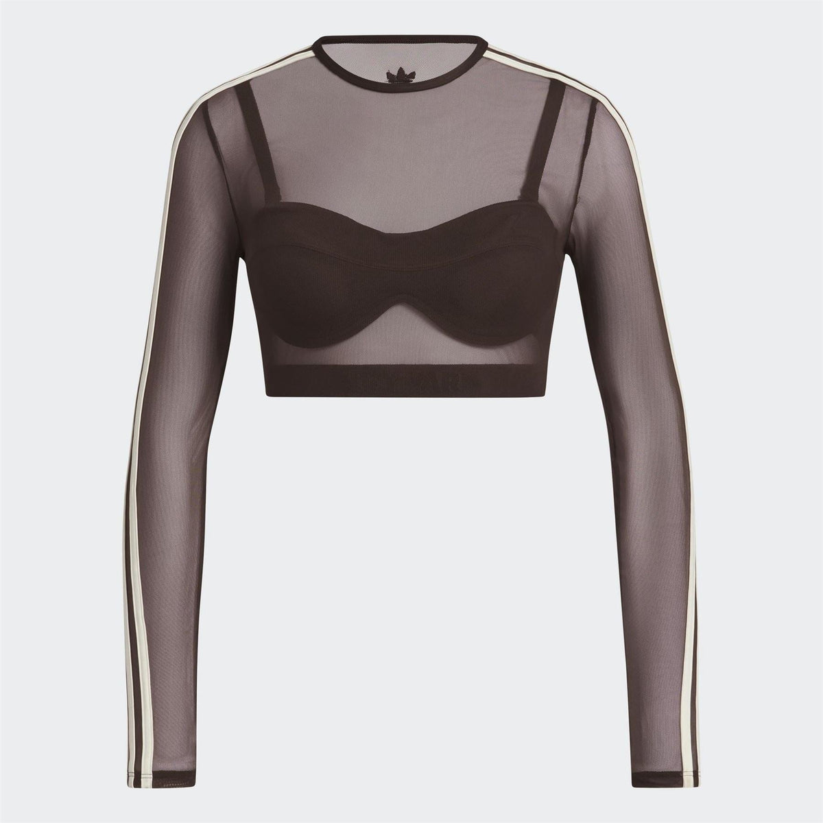 Brown sheer mesh long-sleeve swim top with illusion bust panel, adidas logo at neckline