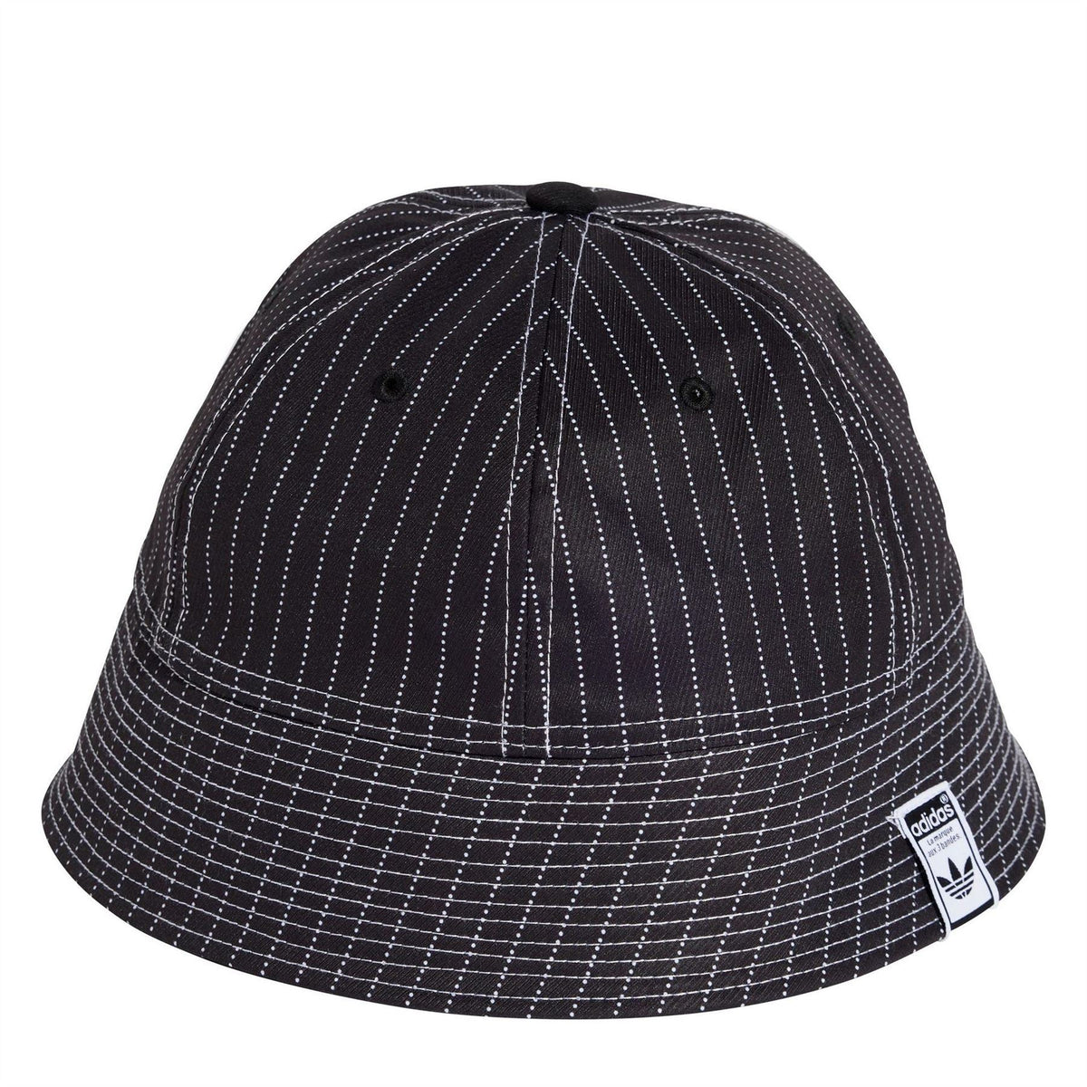 adidas Originals black bucket hat with white dotted pinstripe lines and small eyelets
