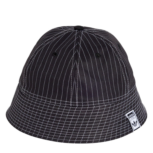 adidas Originals black bucket hat with white dotted pinstripe lines and small eyelets