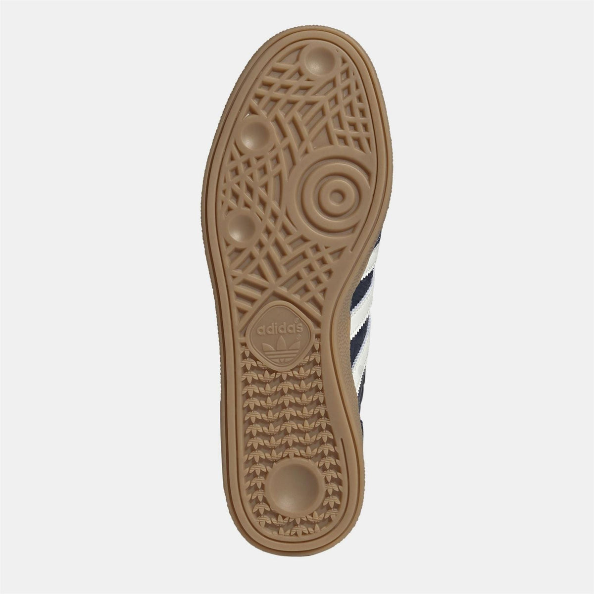 Navy adidas Spezial sneaker outsole with tan rubber tread and Adidas logo.