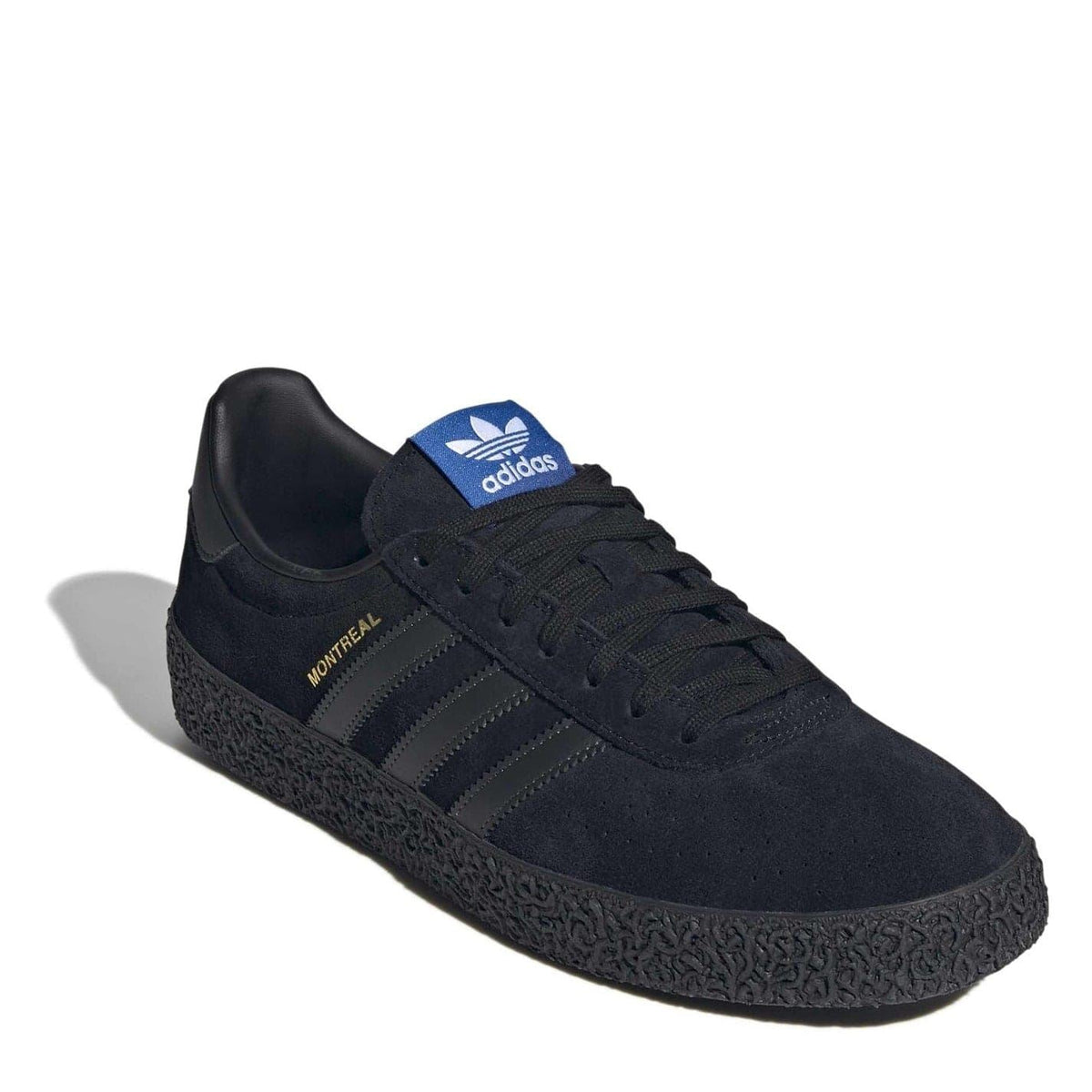 adidas Montreal trainers in dark navy suede with blue adidas tongue label and lace-up