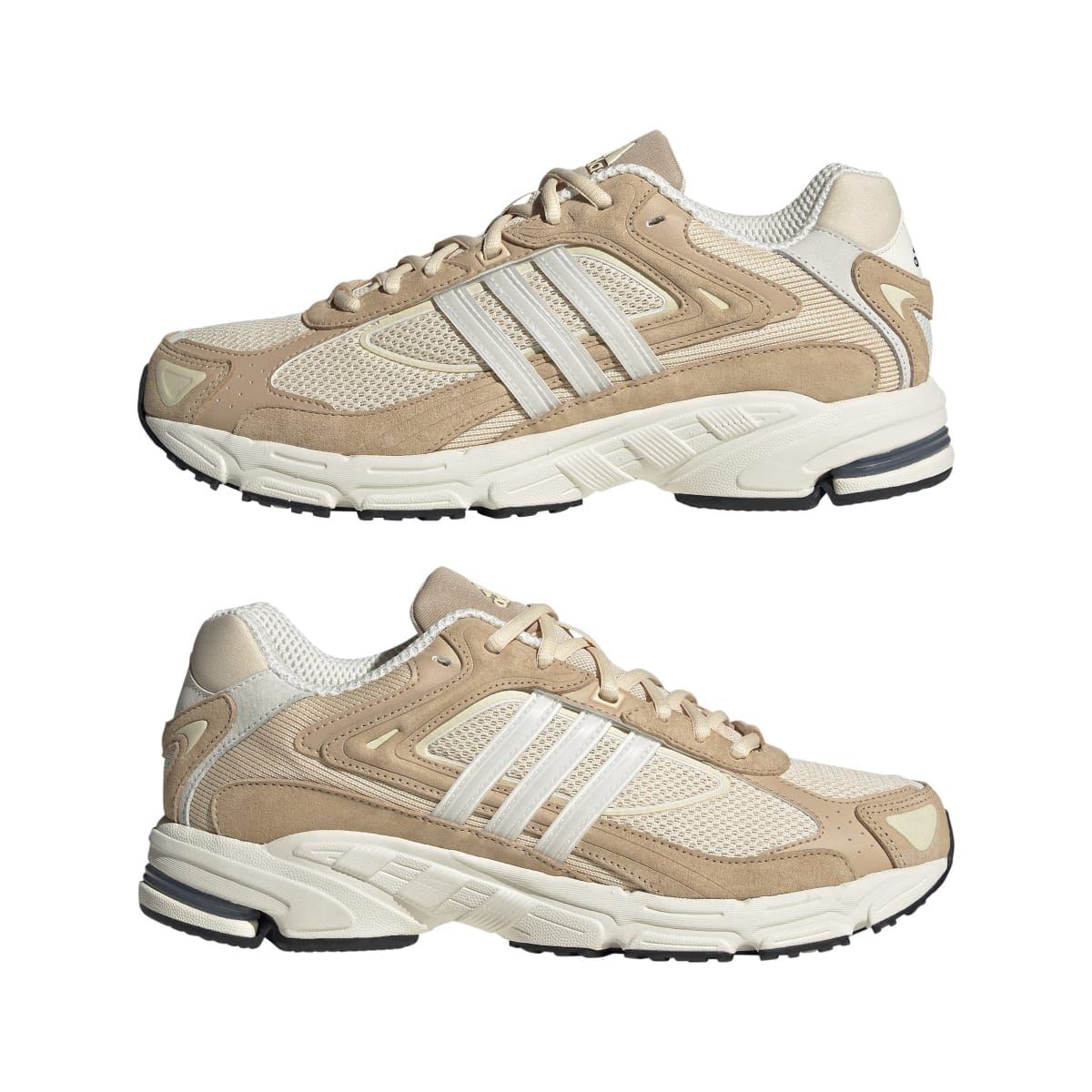 Sand and off-white adidas Originals-style low-top trainers pair, lace-up with white stripes