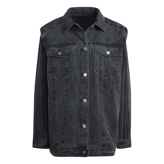 Black denim shirt jacket with button front, point collar, and chest flap pockets
