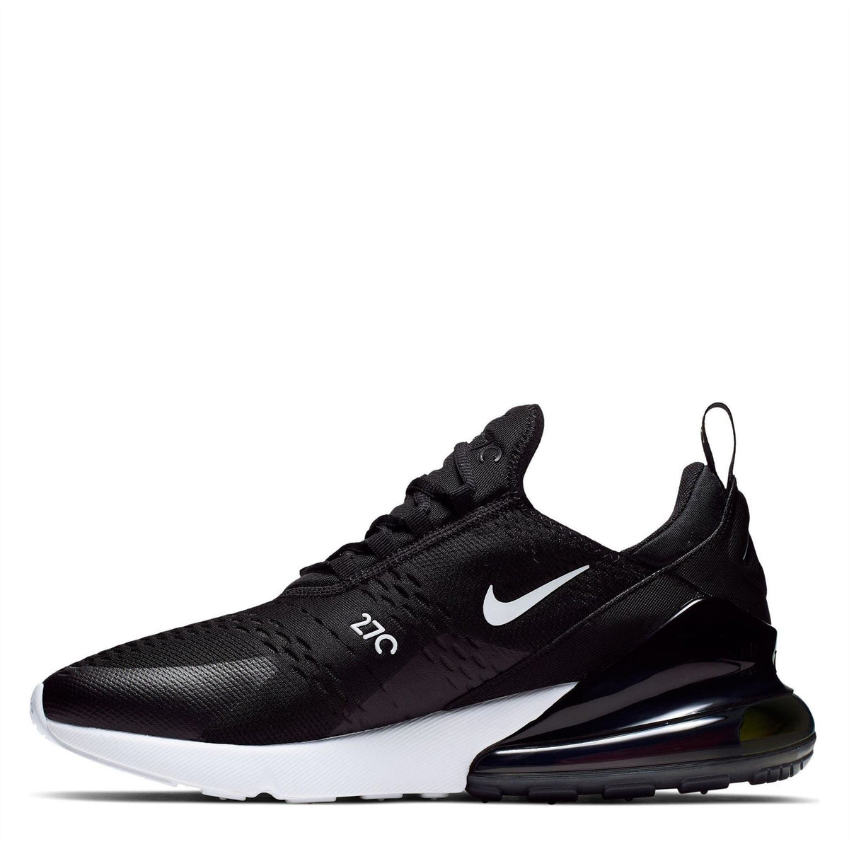 Nike Air Max 270 trainer, black mesh upper with white sole and black-red air unit