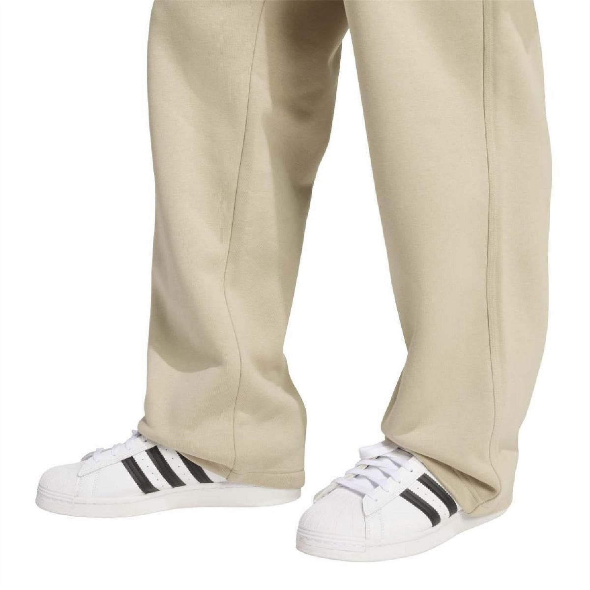 Stone khaki open-hem joggers with straight legs and visible side seam construction