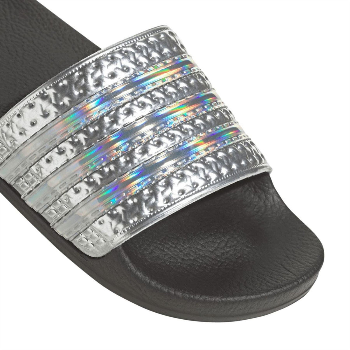 Junior black slide sandals with metallic silver iridescent strap detail