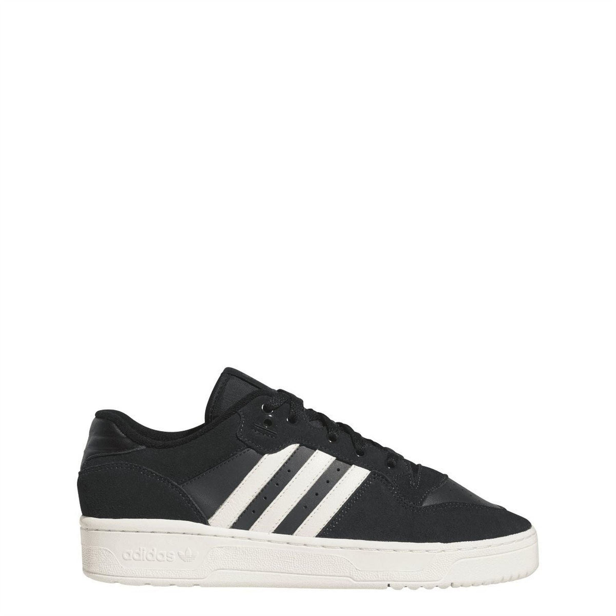 Black low-top trainers with three white stripes and white midsole