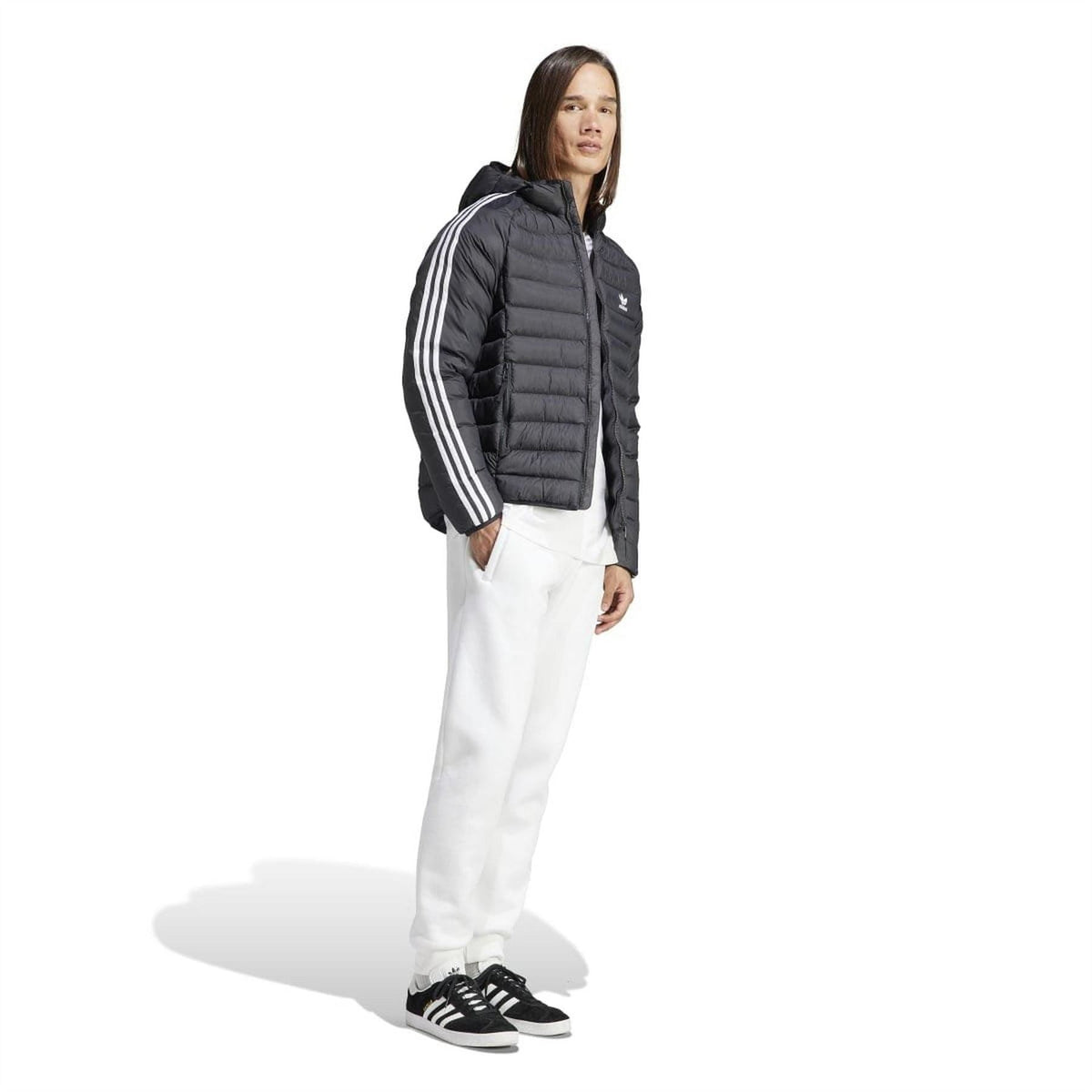 adidas Originals hooded puffer jacket with front zipper, quilted design, and adjustable hood, ideal for cold weather.