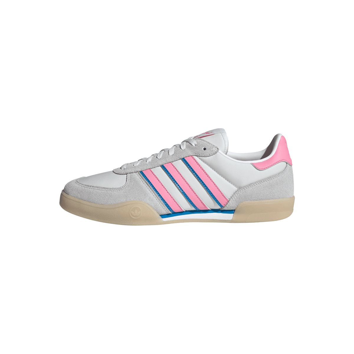 adidas Originals indoor trainers in white with multicolor three stripes and gum sole