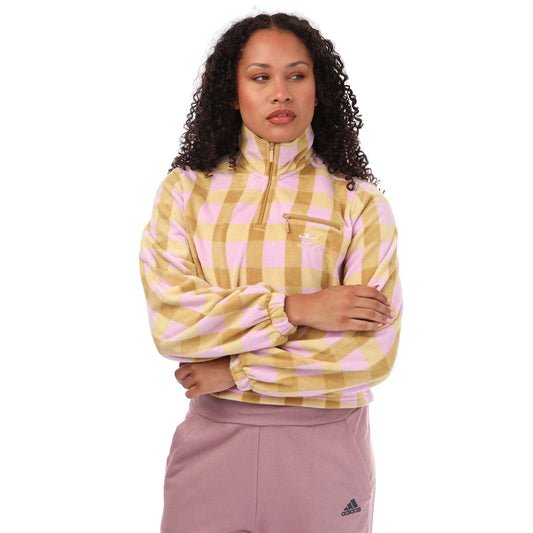 adidas Originals half-zip polar fleece sweatshirt, pink and yellow check pattern