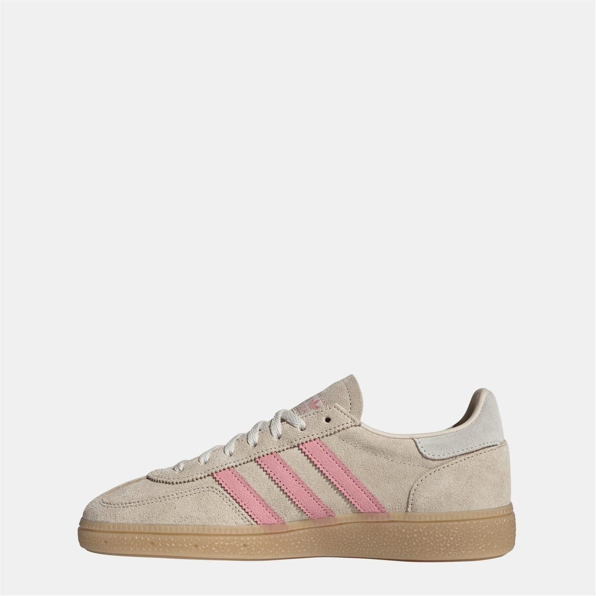 Beige suede low-top sneakers for women with pink Adidas stripes and gum sole.