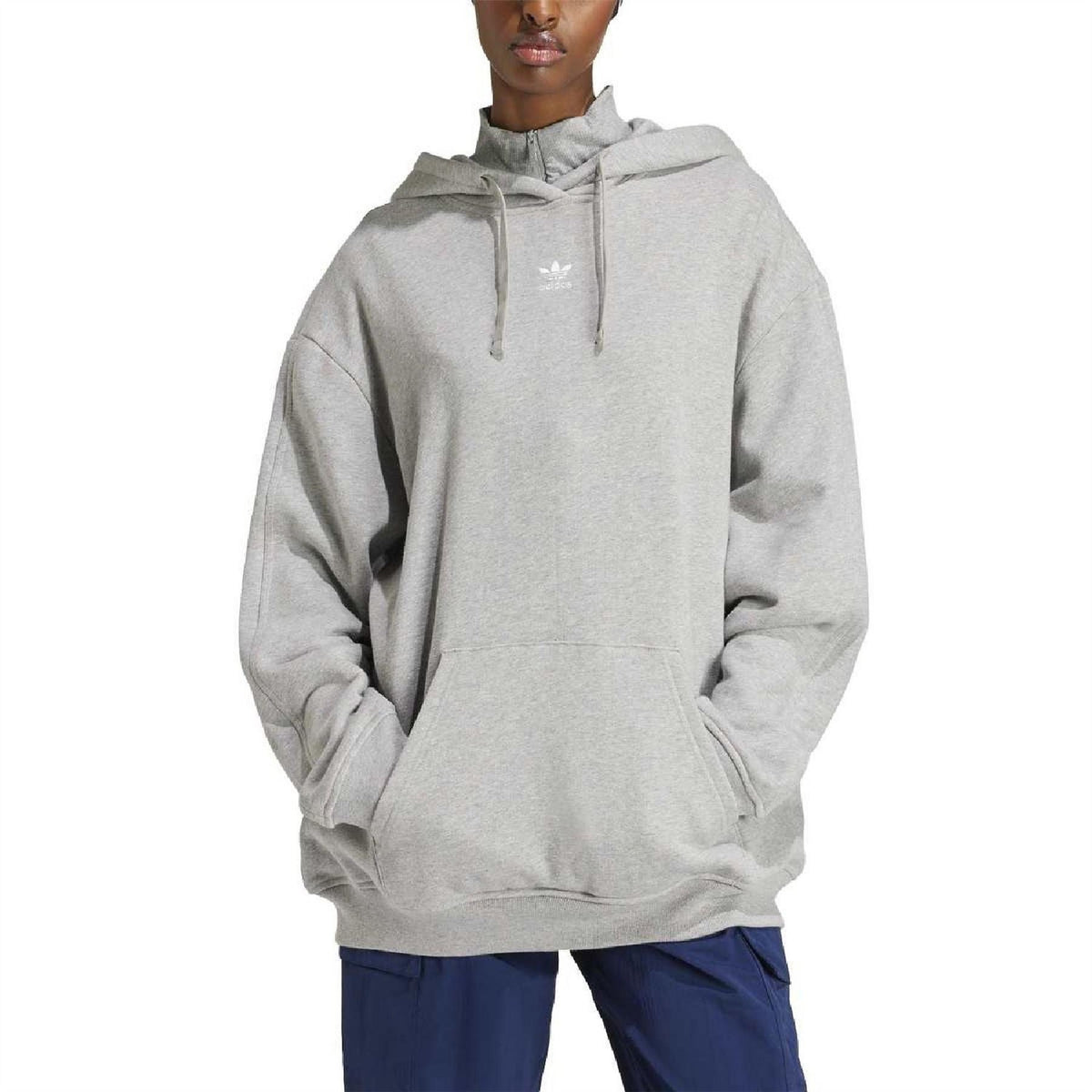 Light grey pullover hoodie with drawstring hood and kangaroo pocket, long sleeves