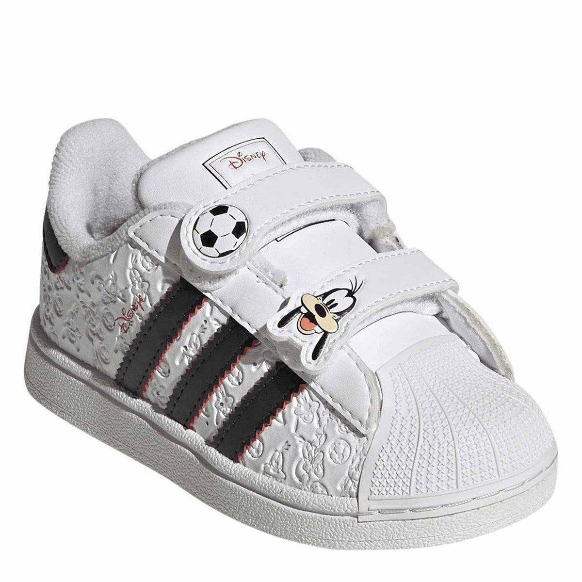 Infants white shell toe sneakers with soccer patch, Mickey graphic, and black stripe accents