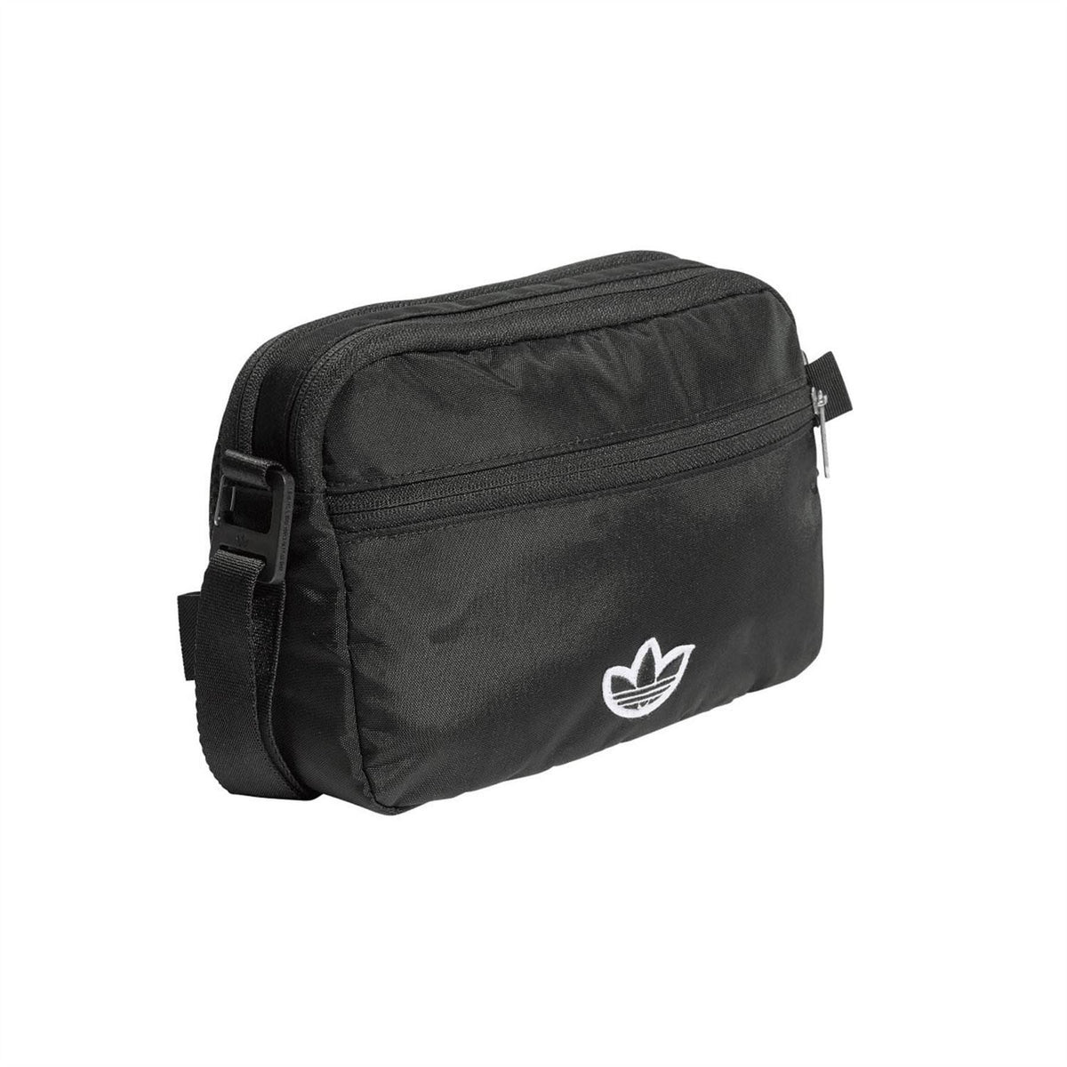 adidas Originals Essentials small Airliner bag for women, black nylon with adjustable shoulder strap and front zip pocket