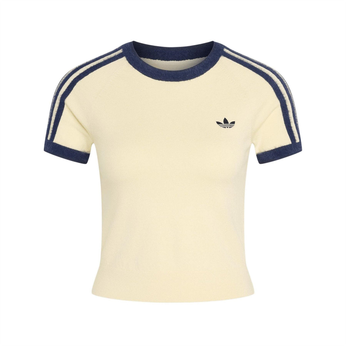 Adidas Originals knit tee, vanilla with navy crew neck and trefoil logo