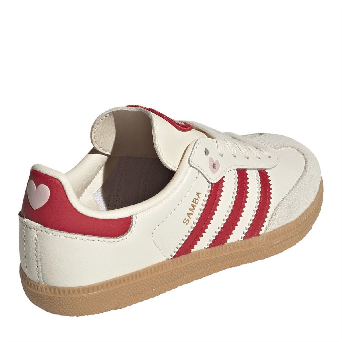 Low-top sneaker heel and side view in cream with red collar and gum sole