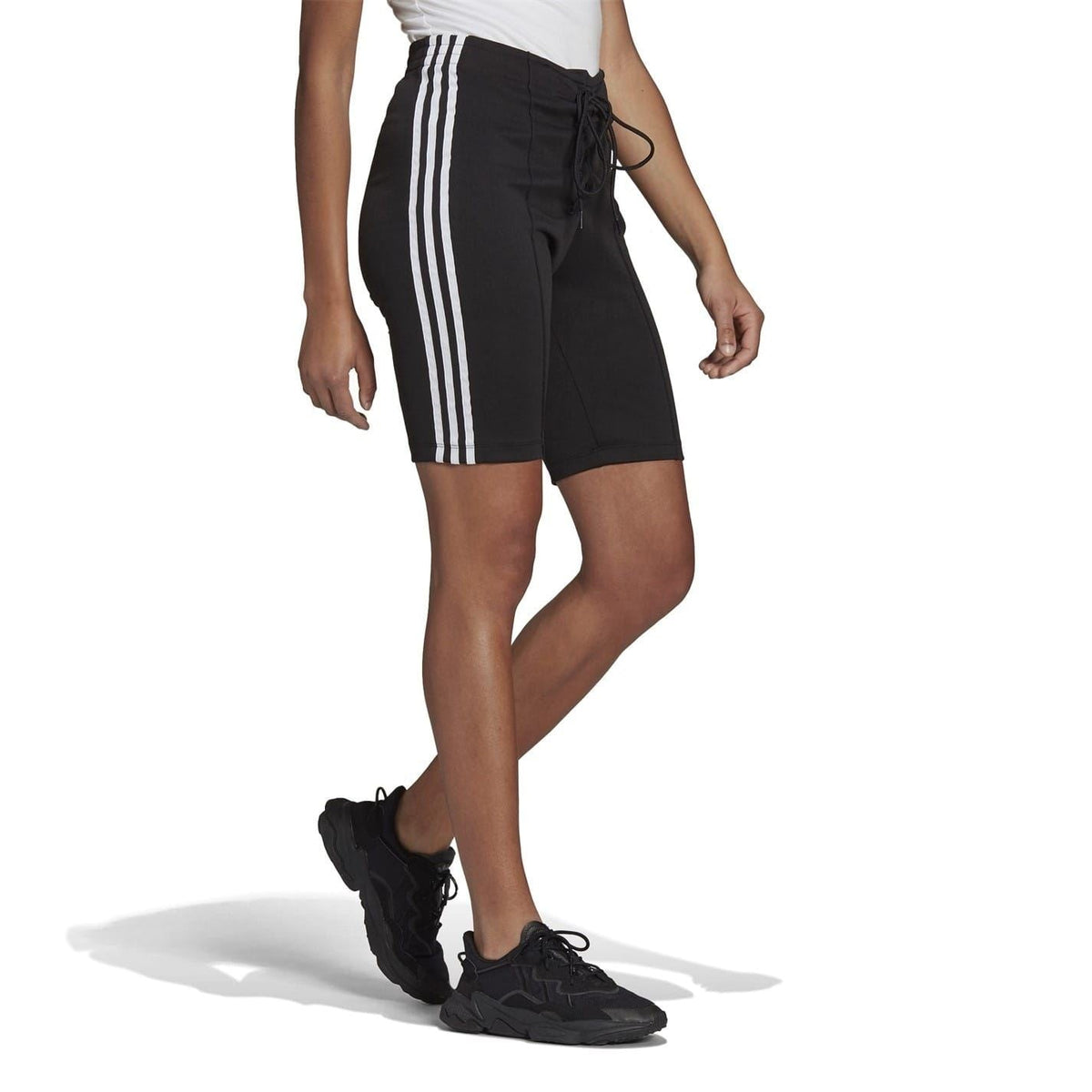 Black athletic shorts with white three-stripe side panel and lace-up drawstring