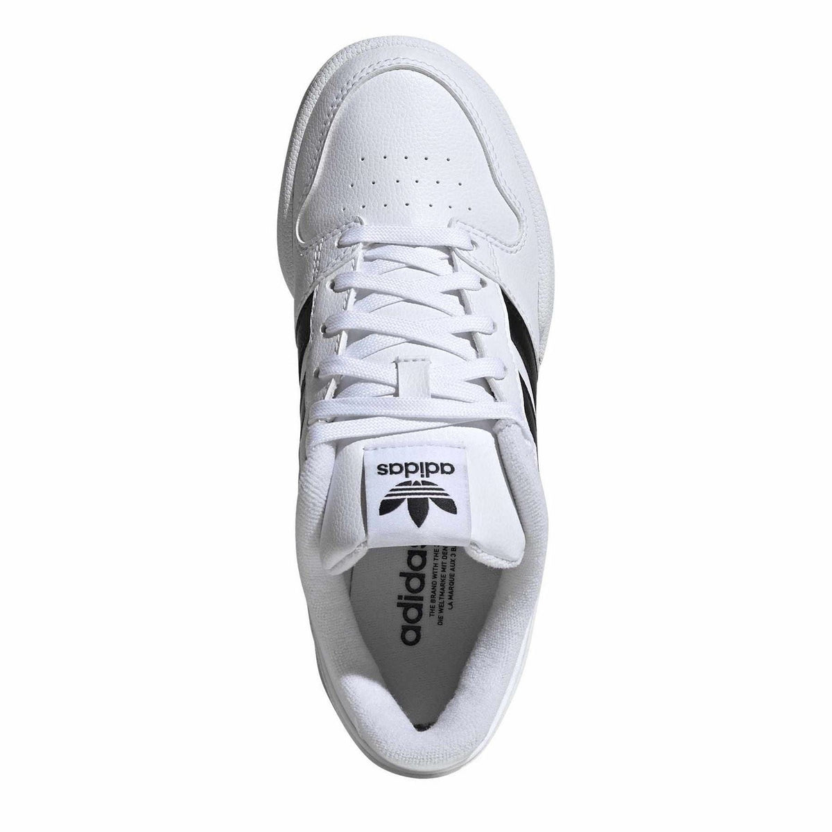Kids' white adidas sneaker tongue label and lace-up closure, top view