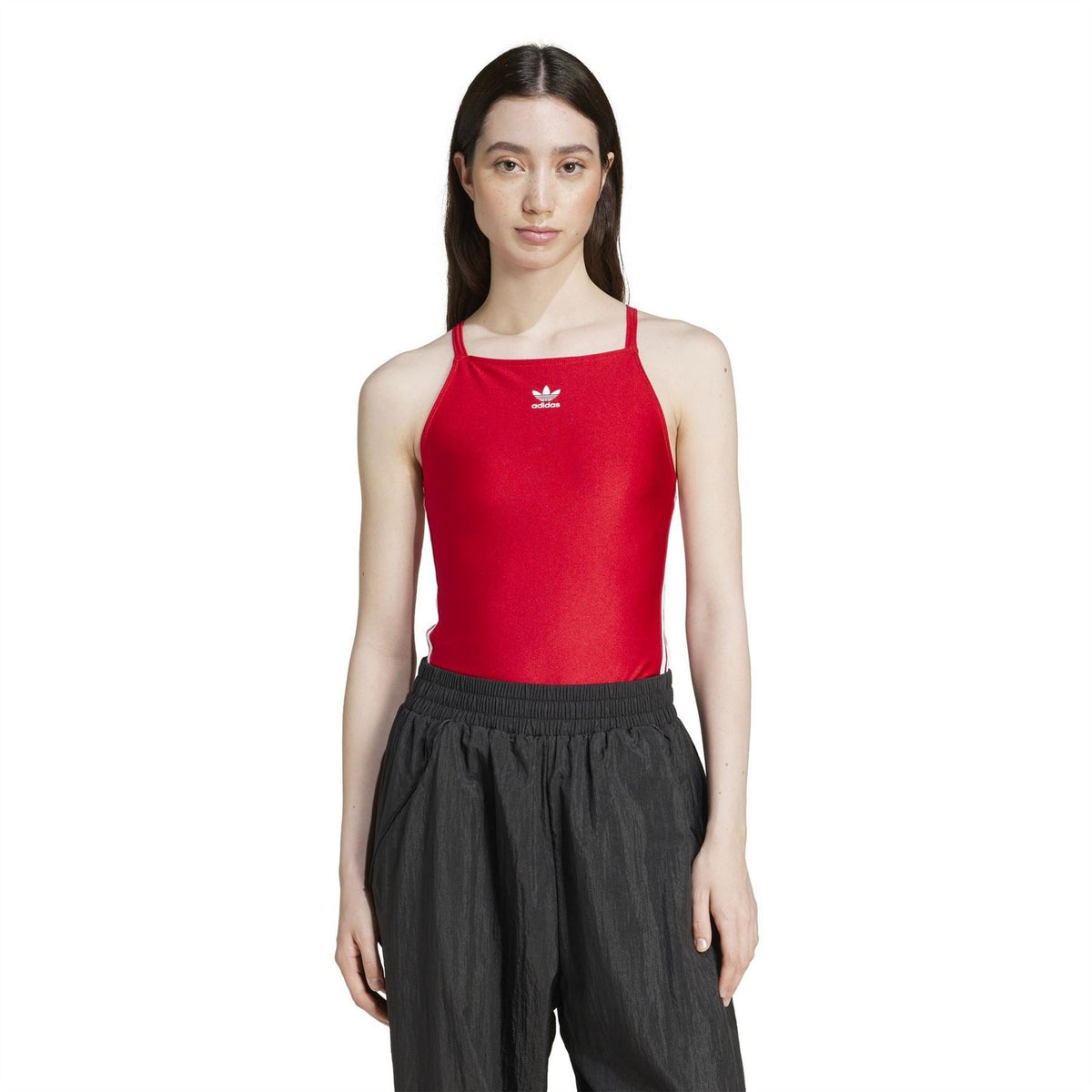 Red adidas Originals 3 Stripes bodysuit worn with black bottoms